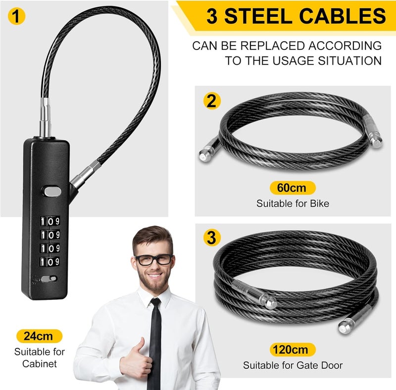 DELSWIN Cable Locks with Combination, 4-Digit Gate Lock with 3 Steel Ropes (9'' /23.6'' /47.2''), Security Cable Lock for Luggage,Helmet,Gym Locker,Cabinet,Gate,Scooter,Bike(Black) - Image 2